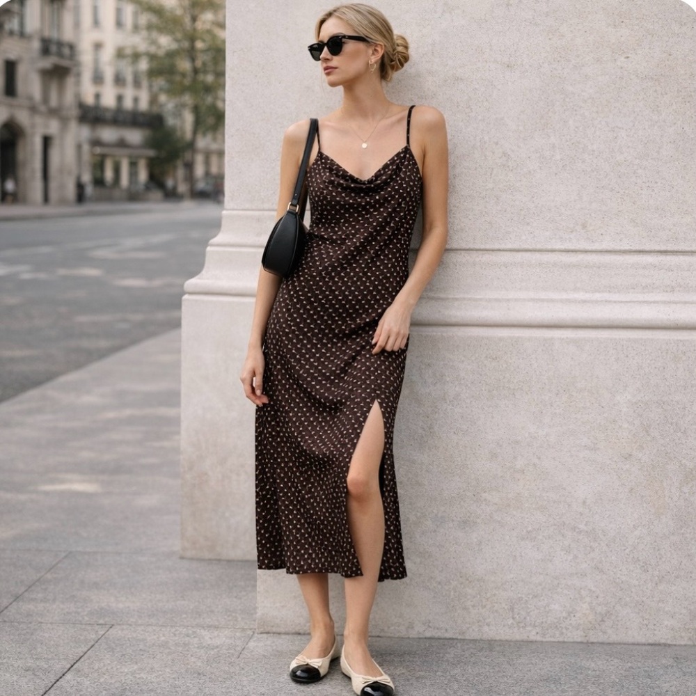 Banana Republic Factory Slip Dress Midi Brown Geo Print Cowl Neck Side Slit, S